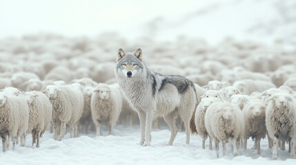 wolf in the middle of a flock of sheep