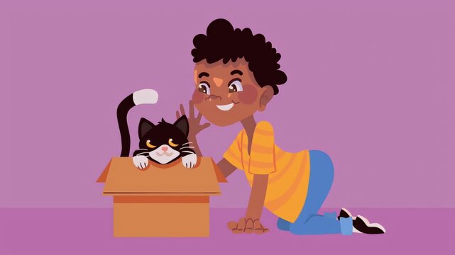 Animated afro boy with cute cat mascot