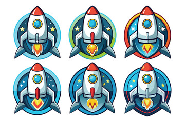 Six Cartoon Rocket Ship Designs with Different Colored Flames