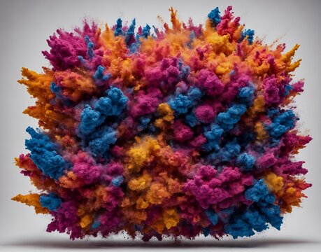 Spektakul&auml;re und farbintensive Pulverexplosion in leuchtenden Blau-, Rosa- und Oranget&ouml;nen, die eine dynamische und lebendige Wolke bilden