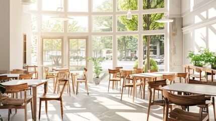 Sunny Cafe Interior with Wooden Furniture