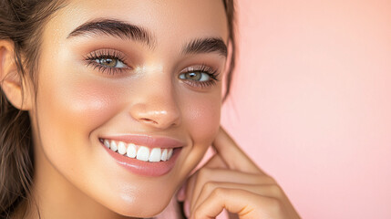 Naklejka premium portrait of beautiful young beauty influencer on soft pink background