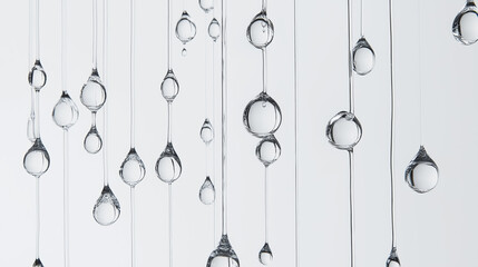 Fototapeta premium clear, glass-like droplets suspended on fine strings against white backdrop