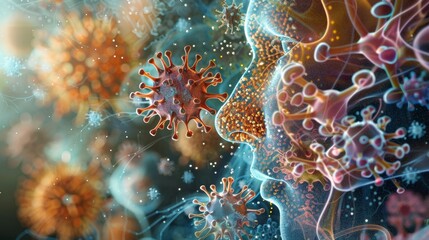 Detailed 3D Illustration of Human Immune System with HIV Virus for Educational Purposes
