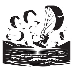  Kitesurfing Kite Surfing silhouette vector on white background.
