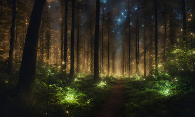 Fototapeta premium Magical Forest Path Illuminated By Fireflies At Night