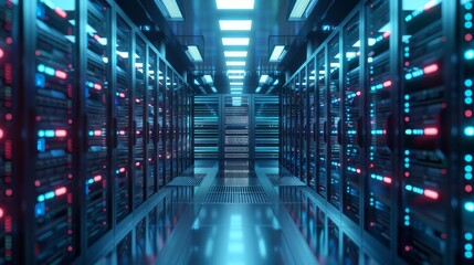 Fototapeta premium Modern server room with rows of servers and blue lighting.
