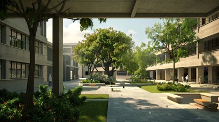 Modern Courtyard with Concrete Buildings and Lush Greenery.