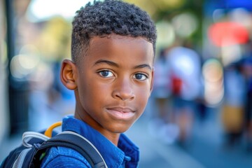 Naklejka premium Portrait of an African American schoolboy looking at the camera. Wearing a school uniform, neutral expression.