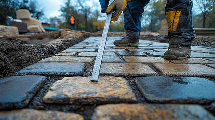 A telephoto angle photo of a worker checking the evenness of a newly laid section of paving slabs...