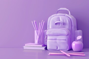 Monochromatic purple composition featuring a backpack, pencils, an apple, and a stack of books against a matching purple background.