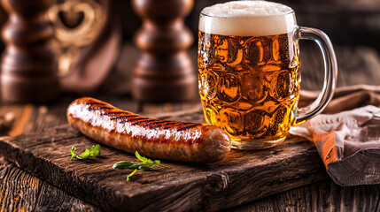 Oktoberfest traditional food, an antique rustic wooden countertop with a single grilled bratwurst sausage and a frothy mug of beer