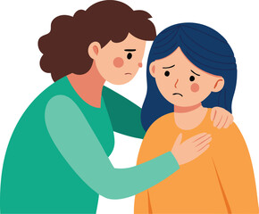 A woman offers emotional support to her distressed friend with a gentle touch and caring expression.