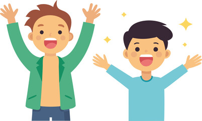 Two animated boys cheerfully celebrate, raising their arms in excitement and joy.