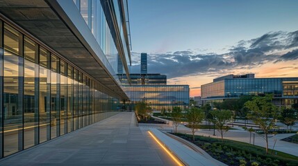 Fototapeta premium Modern Office Building with Glass Facade and Illuminated Pathway at Sunset.
