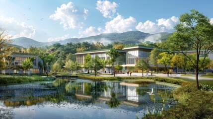 Modern Building with Green Roof and Pond.