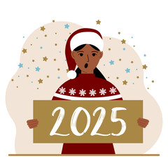 A woman in a Christmas red hat with snowflakes holds a Happy New Year 2025 card. Vector flat illustration