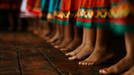 Obraz premium Bare feet of dancers in traditional clothing line up on a wooden floor.