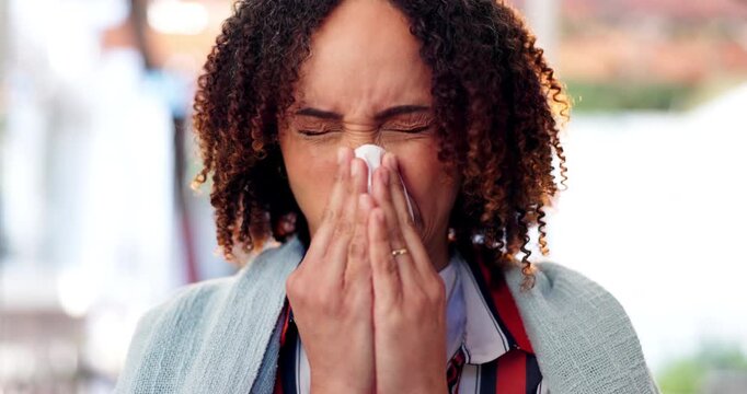 Sick woman, flu and blowing nose with tissue for sinus, illness or virus from cold at home. Face of female person with viral infection, hayfever or allergies for covid, sneeze or disease at house