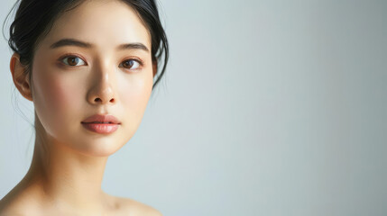 Naklejka premium Close-up portrait of a beautiful young Asian woman with clear skin.
