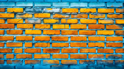 Fototapeta premium A vibrant brick wall background painted in bright yellow and blue. The contrasting colors and textured bricks create a bold, modern, and eye-catching look, perfect for creative and dynamic projects.