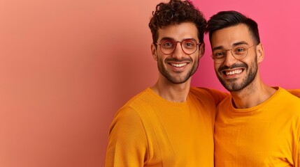 Fototapeta premium Two happy men wearing glasses and yellow shirts, standing together against a pink and orange background.