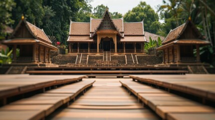 Fototapeta premium Rural village stage featuring traditional Thai elements, with copy space