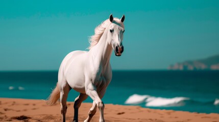 Naklejka premium White horse running on sandy beach with ocean in background.