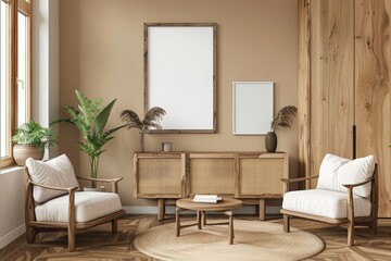 Minimalist living room interior with wooden furniture and two armchairs.