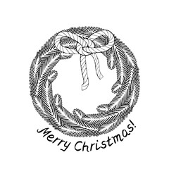 Monochrome Line Art Christmas Wreath clipart, spruce branches decorated with big bow knot. Isolated on white background
