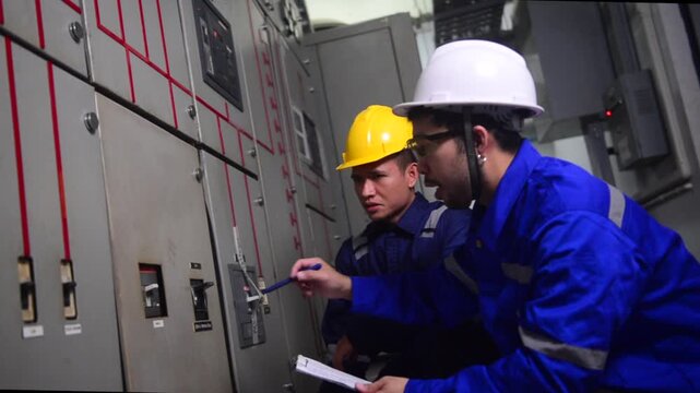 Electrical maintenance engineers are inspecting 
Main power distribution panel cabinet and check the electrical power value and write it down on the clipboard
