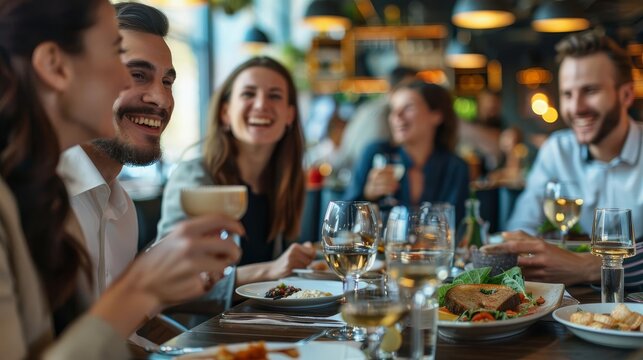 Group of friends laughing and enjoying dinner together at a restaurant.