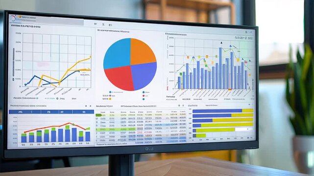 computer monitor displaying a pie chart and bar graph analysis, with a keyboard and mouse in front