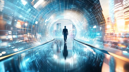 分割画面効果：別の世界をつなぐ量子トンネル、未来的な都市景観、コピースペース