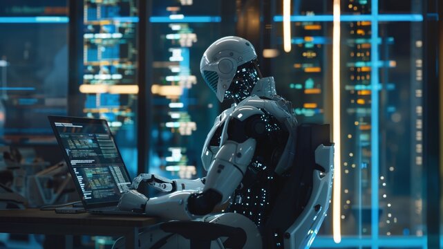 Robot humanoid programmer, working in the monitoring control room. Machine Learning Concept, Artificial Intelligence