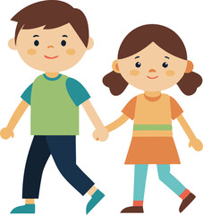 Fototapeta premium Two joyful children are walking hand in hand, smiling brightly under a clear sky.