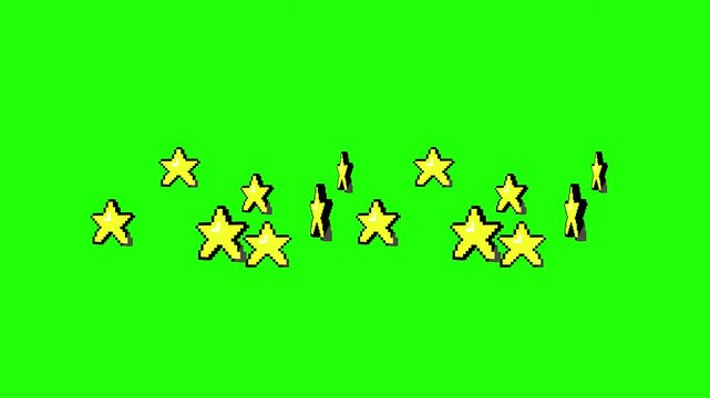 Retro 8-bit 3d stars spinning in the air green screen and overlay animation, Stars of retro 8-bit graphics movement rotating in place on chroma key