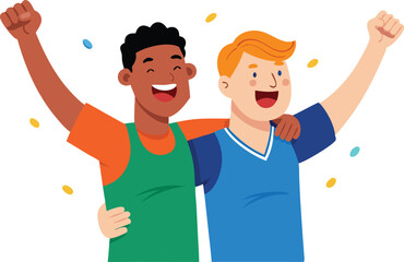 Friends cheer joyfully, arms raised, celebrating a victorious moment in sports attire.