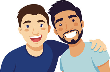 Fototapeta premium Two young men happily pose together, sharing a joyful moment in a friendly atmosphere.
