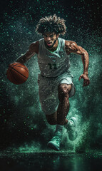 Fototapeta premium Basketball player, isolated on a black background full of glitter pixie dust in the air.