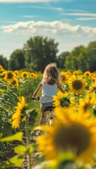 Fototapeta premium Child Riding Bike Through Vibrant Sunflower Field Under Blue Sky - Summer Adventure Photography