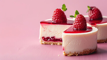 Food photography of strawberry cheese cake with blue berries, red berries, and mint leaves as the garnish on the top of the cake.