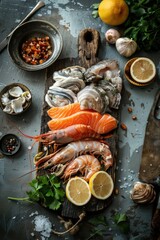 Mix seafood platter served on rustic wooden chopping board on sun-lit rustic kitchen counter top background.