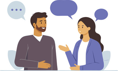 A man and woman conversing with speech bubbles above their heads.