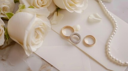 Wedding Rings and White Roses on a White Envelope