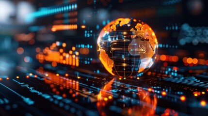 A glowing globe is on a computer screen with a lot of numbers and lines