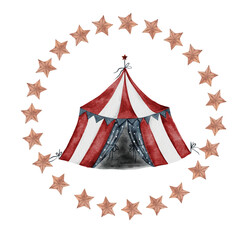 Circus tent watercolor. Hand drawn composition. Clip art on isolated white background of bright circus tent with stars in circle. Ideal for posters and baby cards.