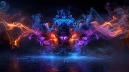 A colorful explosion of smoke and fire with a blue and orange head