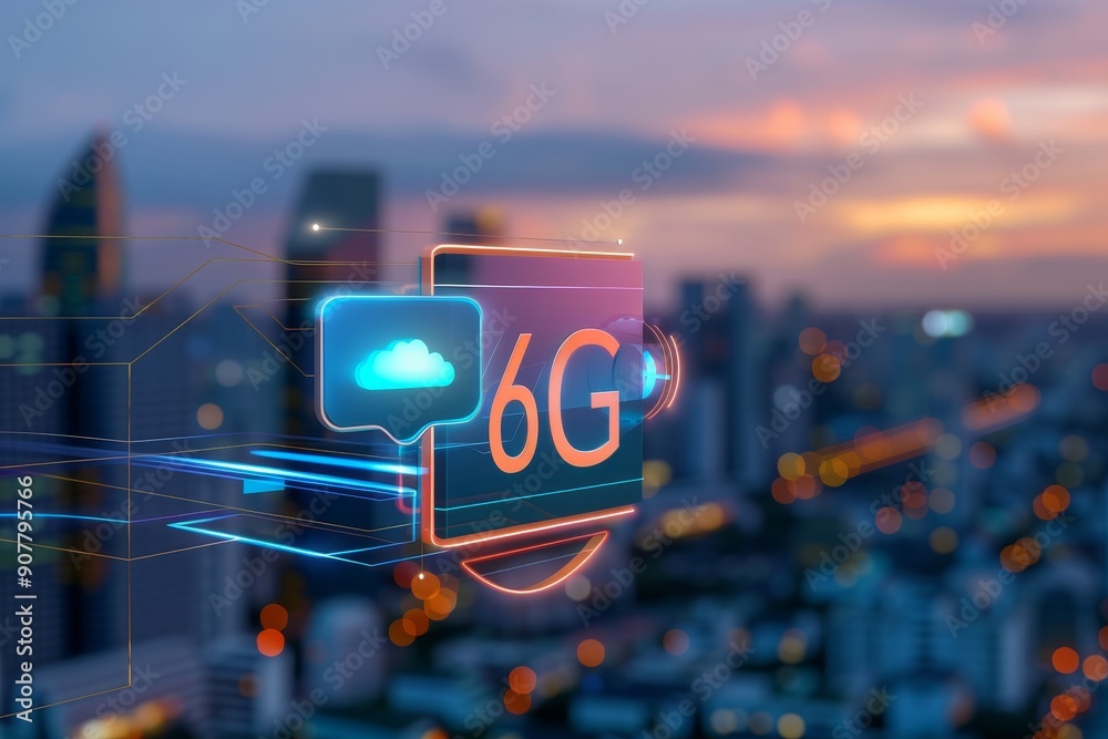 Poster digital lines and data streams representing advanced mobile network technology 6g