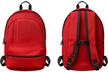 Fototapeta premium Front and Back View of a Red School Backpack PNG Multi pocket Backpack isolated on white and transparent background - bag Storage High school and College Concept